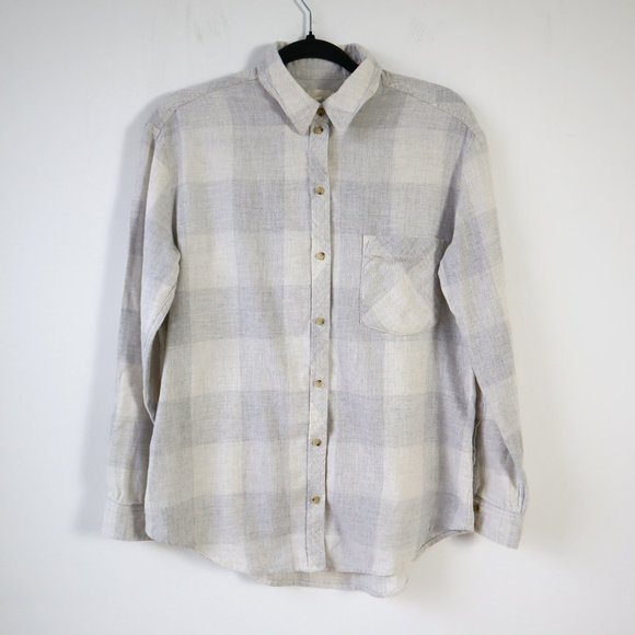 Wilfred Tops - Wilfred Free White and Grey Plaid Flannel Button Front Collared Shirt, S…